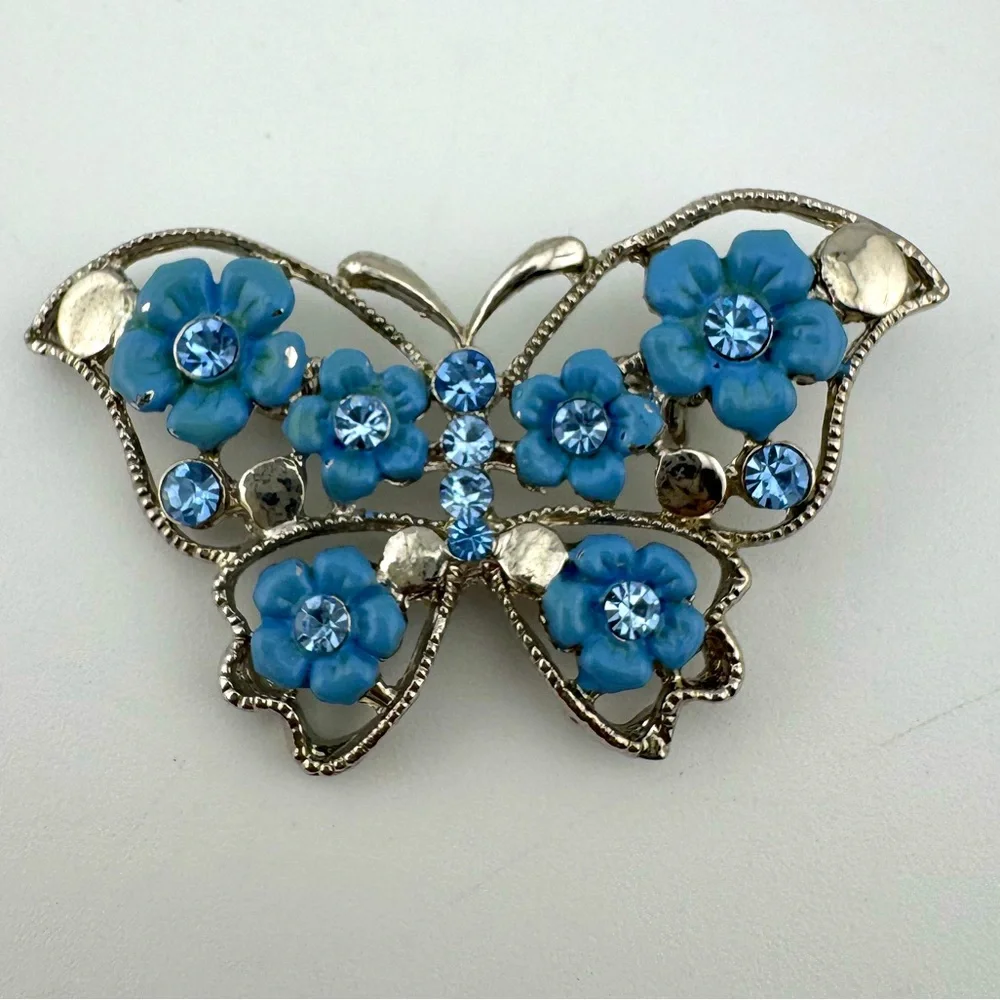 Blue Floral Butterfly‎ Brooch Silver Toned